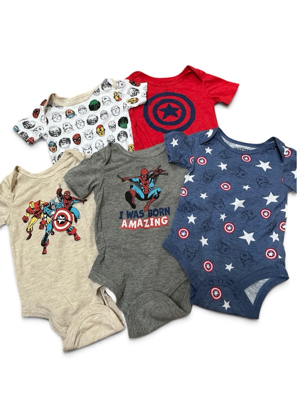 Marvel 5 piece short sleeve bodysuit lot. Size 12m